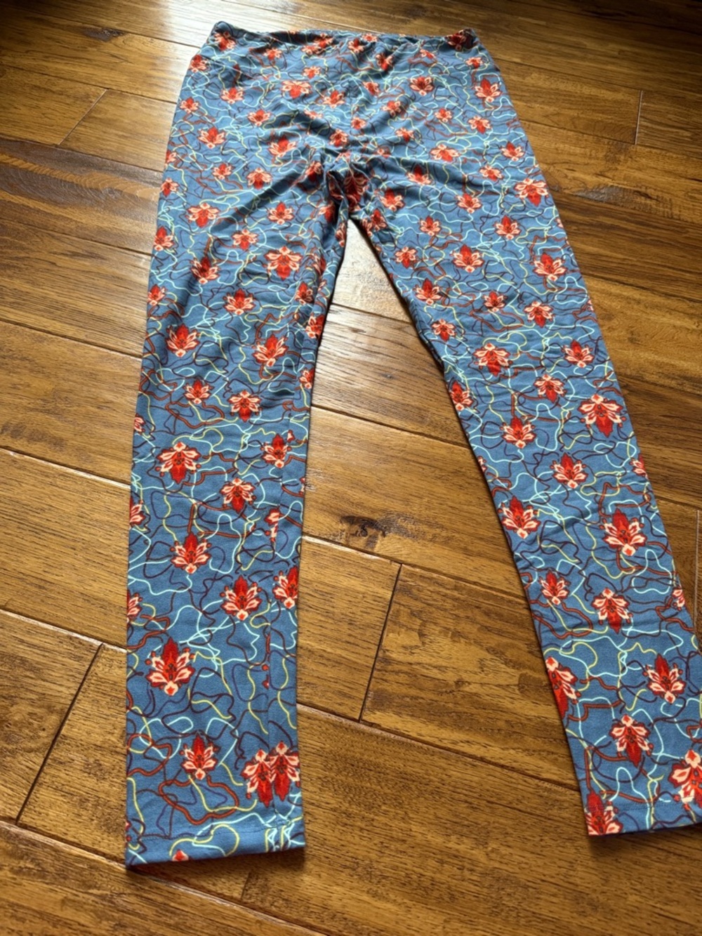 LuLaRoe Blue Floral Red Accent Leggings